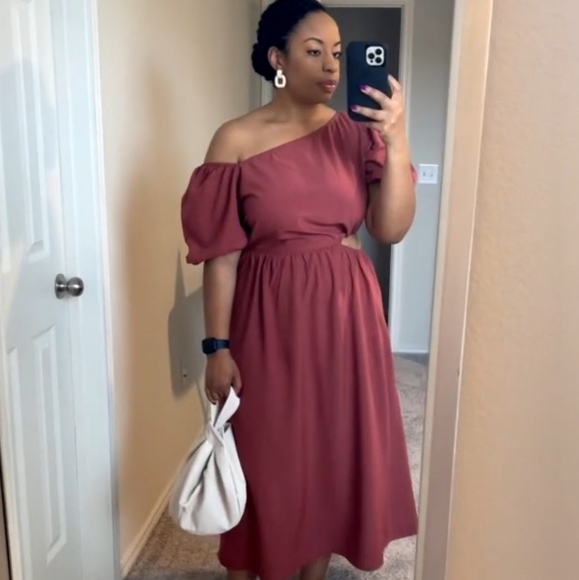 BTFBM Puff Sleeve Asymmetrical Neck High Waist Cutout Swing Maxi Dress Plum SZ S - Picture 3 of 12